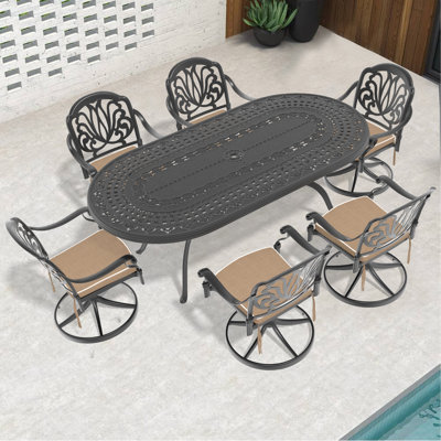 7-Piece All-Weather Cast Aluminum Dining Set, Include 6 Swivel Chairs and Oval Table With Black Frame (same sku:W1710S00467 , W1710S00287)