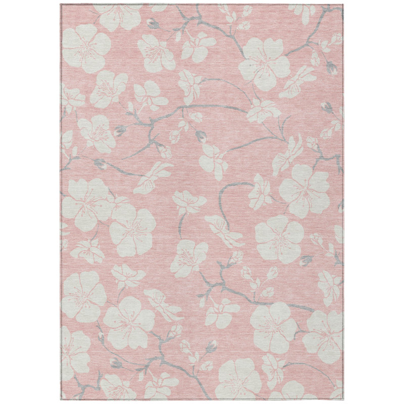 3' X 5' Pink Ivory And Gray Floral Washable Indoor Outdoor Area Rug