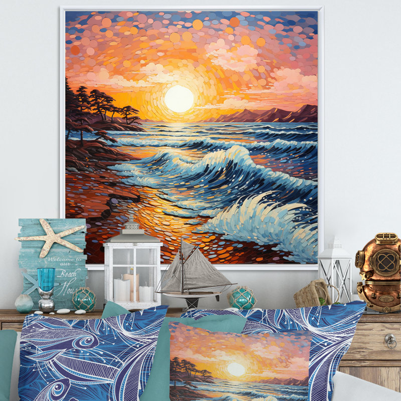 Beach Golden Sands Pointillism II, Cadre flottant blanc, 16" H x 16" W