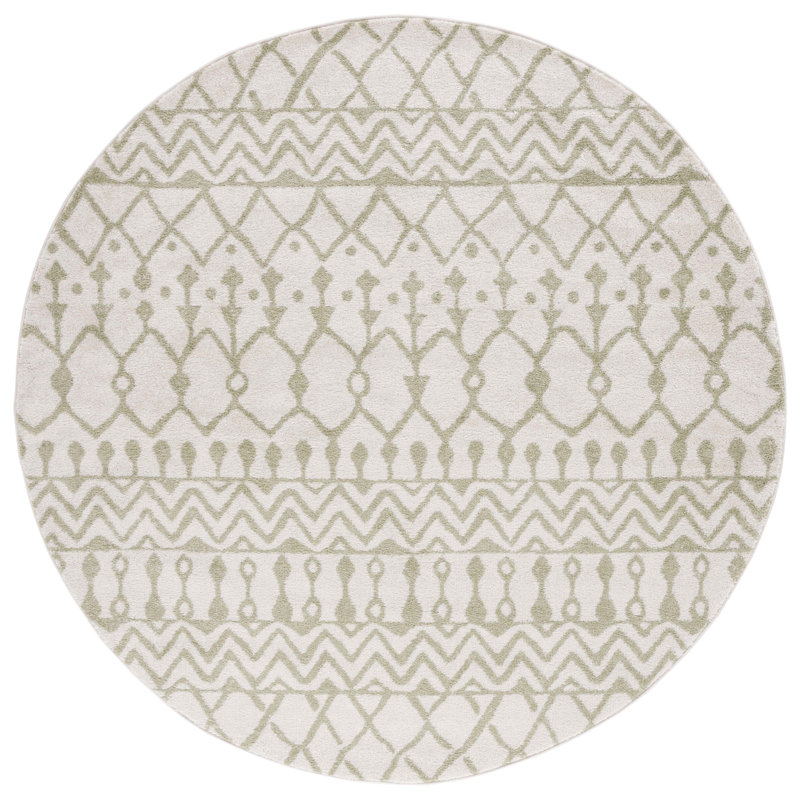 Lorenco Southwestern Machine Made Power Loom Polypropylene Area Rug in Ivory/Sage, Round 6'7"