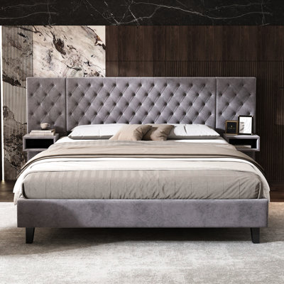 Modern King Size Platform Bed - Grey Velvet Headboard, 2 Nightstands, Wood Construction, No Box Spring, Easy Assembly With Headboard Upholstered, Diamond , Quick Bedroom Property
