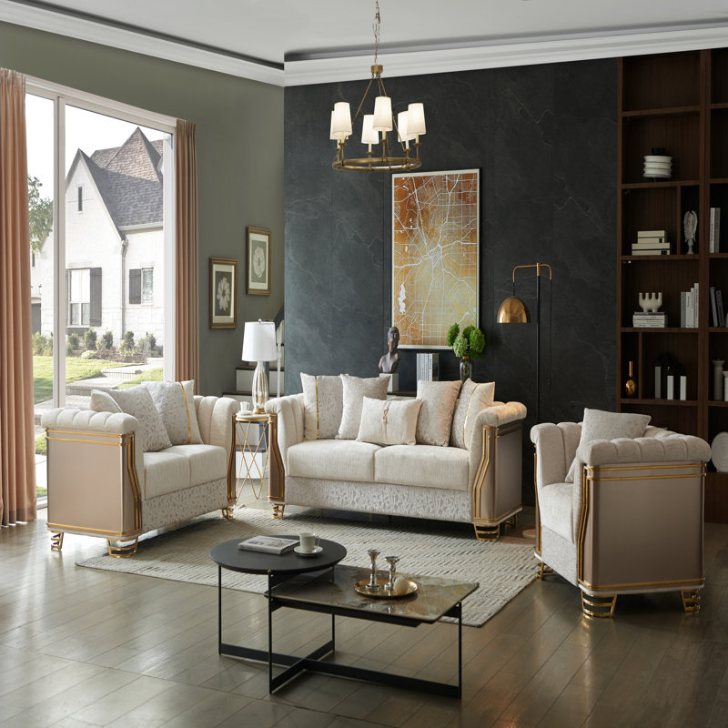 Ensemble de revêtement en bois bicolore 3 pièces avec design moderne, accents dorés en acier inoxydable et finition crème
