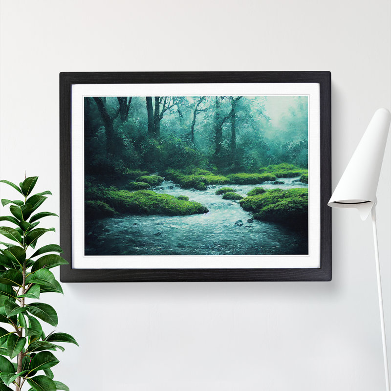 Breathtaking Forest Stream - Single Picture Frame Print, 25cm H x 34cm W x 2cm D, Black Framed