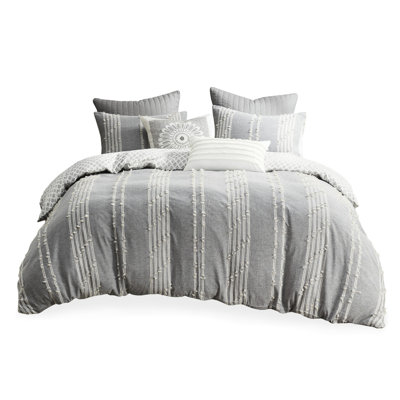 Full/Queen Size Cotton Duvet Cover, Grey With Embroidered Accents Ground Cover Embroidery,