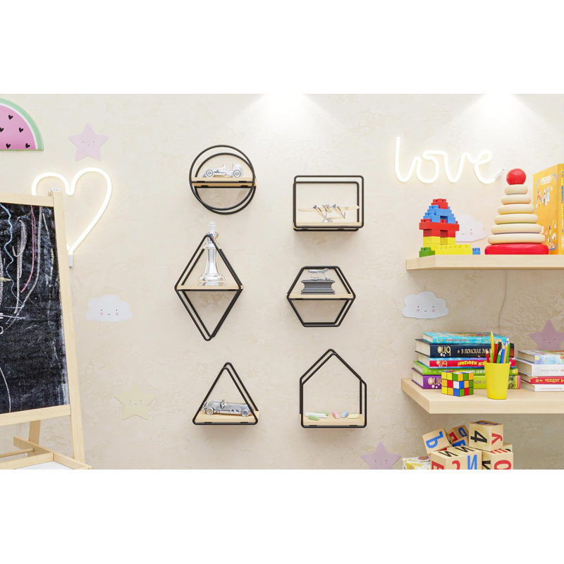 Set of 6 Geometric Wall Shelves – Floating Wooden Wall Decor
