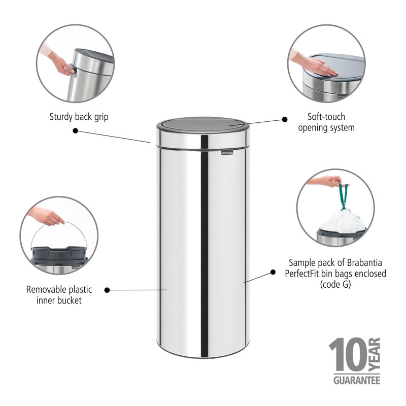 Brabantia 30 Litre Touch Bin, Brilliant Steel