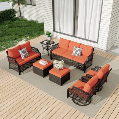 7 Piece Patio Furniture Set, Wicker Outdoor Conversation Sofa Set With Swivel Chairs, 2 Ottomans, Glass Side Table