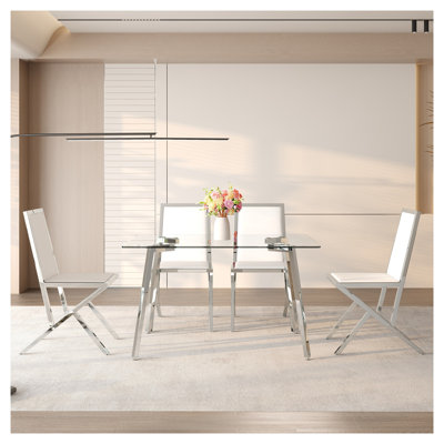 Ensemble de table de salle à manger moderne en verre avec 4 chaises en polyuréthane blanc - Meuble de cuisine contemporain 5 pièces pour petits espaces