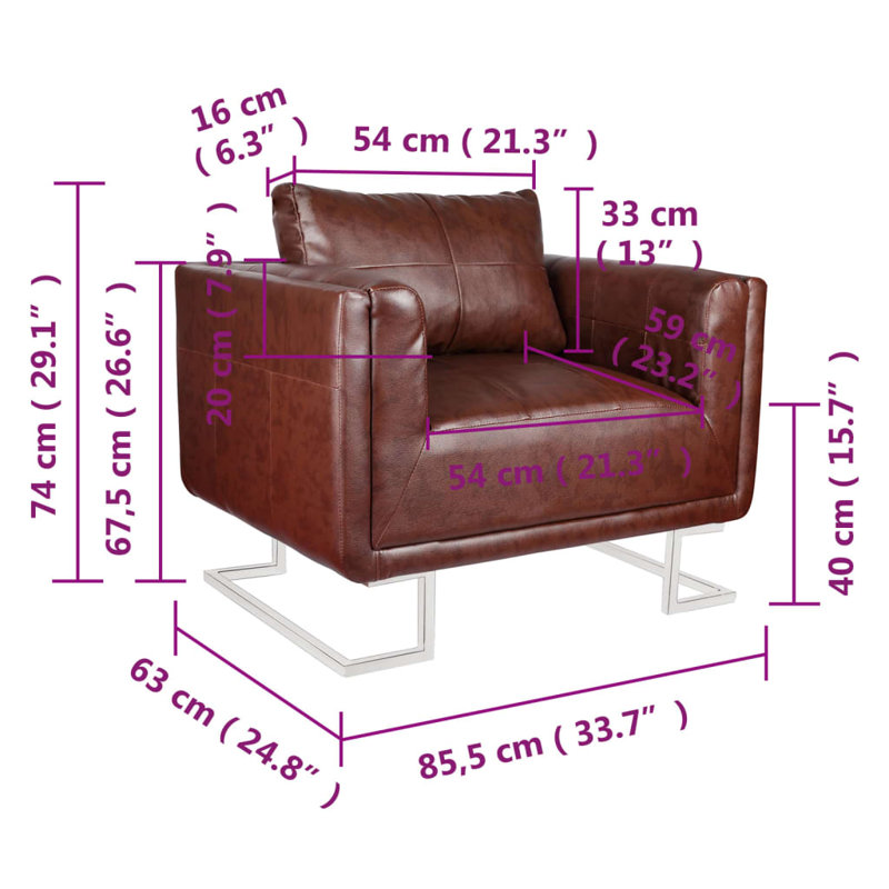 Fauteuil cubique avec pieds en cuir chromé, Similicuir brun