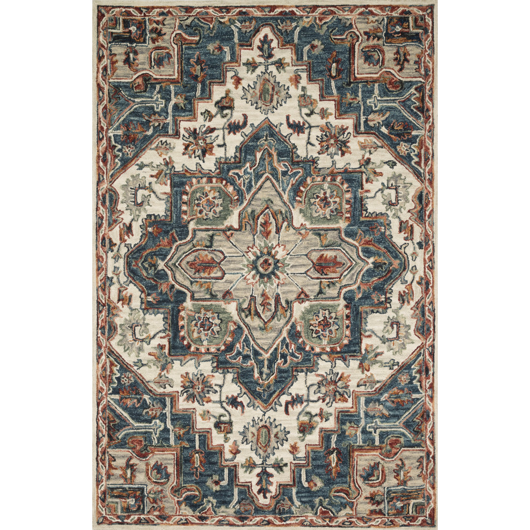 Goncalvo Hand-Hooked Wool Blue Area Rug World Menagerie Rug 