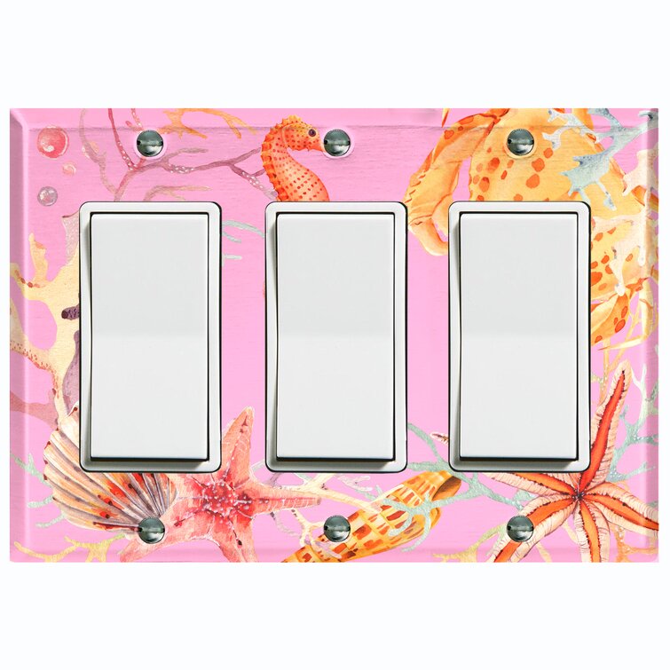 Metal Light Switch Plate Outlet Cover (Sea Horse Crab Star Fish Coral Pink-  Triple Rocker)