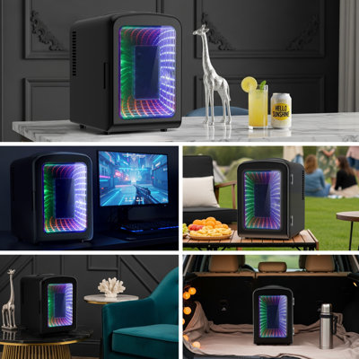 Chic 4L Mini Fridge W/ Gaming Light - Portable 6-Can Cooler For Bedroom, Car, Office & Dorm, Perfect For Cosmetics & Snacks, Black