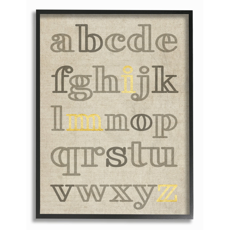 Art textuel alphabet neutre avec typographie dorée, H 20 po x l 16 po, Giclée encadrée noir minuit