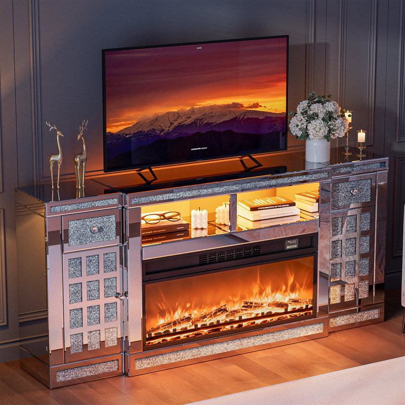 Silver Mirrored Fireplace Tv Stand, Modern Tv Stand Entertainment Center With Fireplace - Large Storage, Led Lights, Adjustable Heat & 3d Flame Effect, Crushed Diamonds, Fits Tvs Up To 65"+