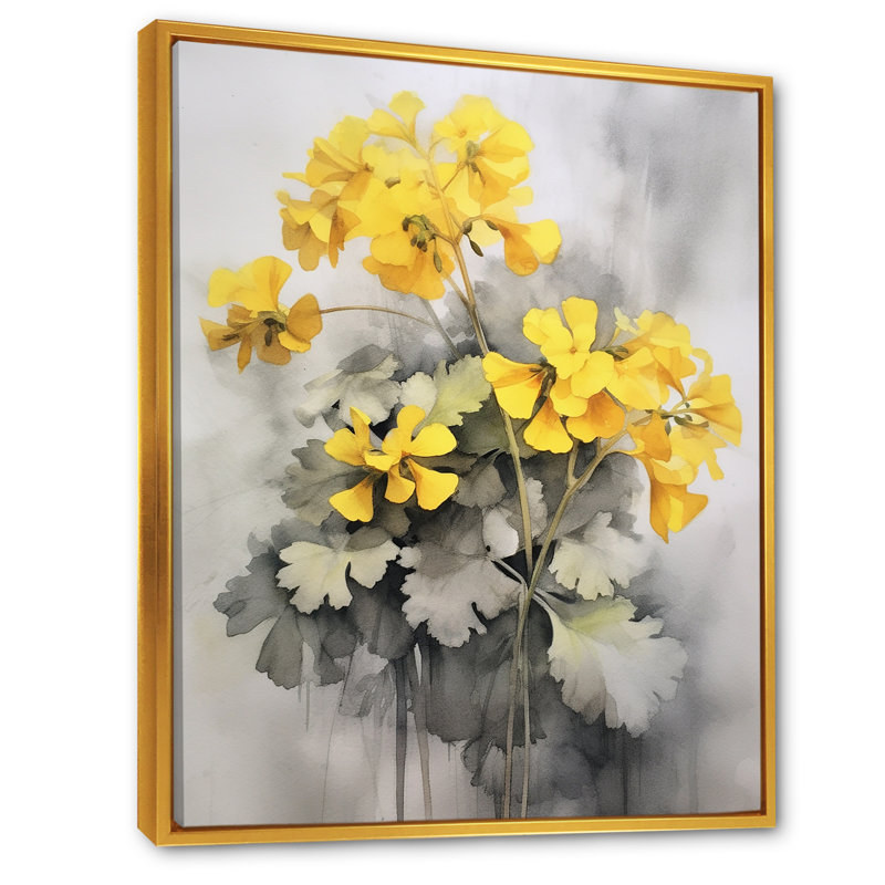 «Yellow and Grey Geraniums Bouquet I», reproduction sur toile, Cadre flottant doré, H 32 po x l 16 po x P 1 po