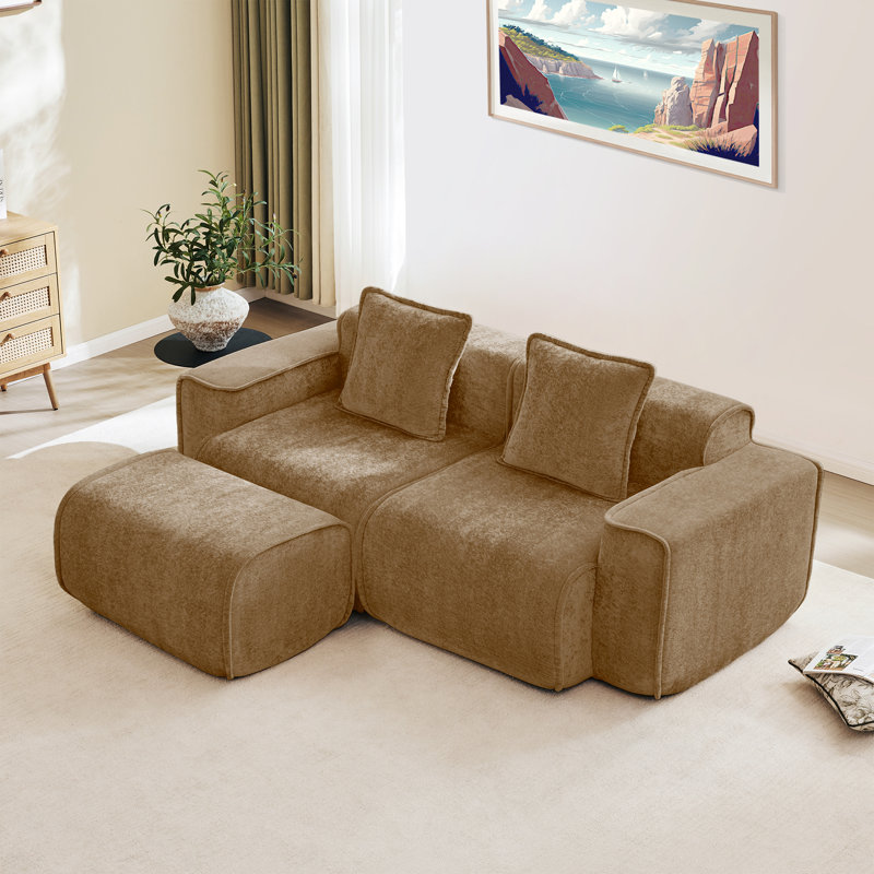 Modular 2 Seat L Shape Sectional Boneless Sofa Streamlined Design  With French Edge Piping, No Assembly Required, 3-seat Sofa Couch With Throw Pillows And 1 Movable Ottoman, Velvet Fabric