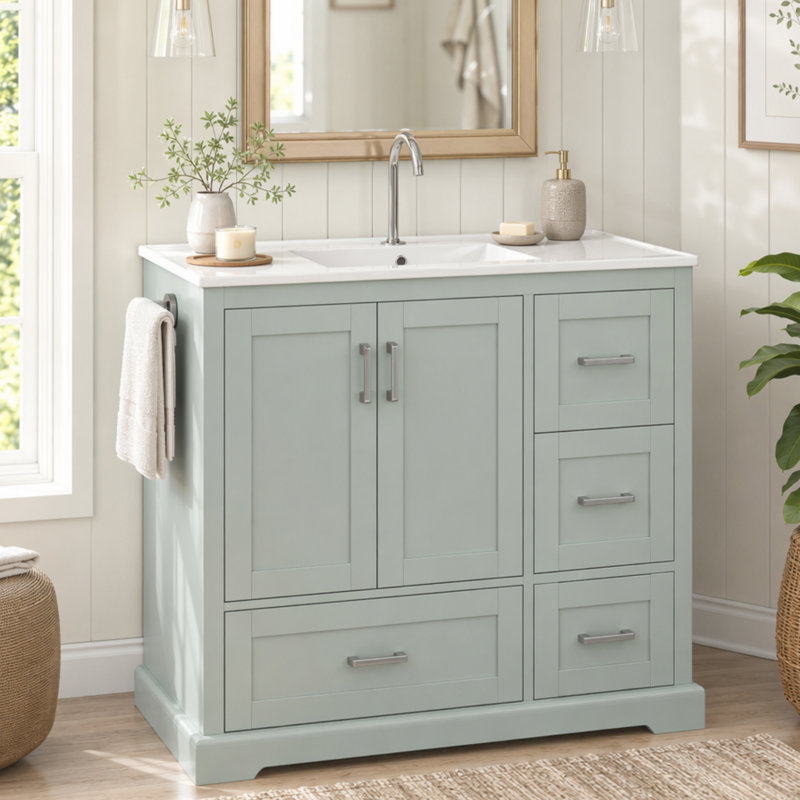 Meuble-lavabo simple 42 po avec plateau en pierre, Light Green