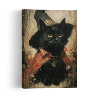 Whimsical Witch Cat Contemporary Cat Flower Wall Art Print 1 Piece Wrapped Canvas Wall Art