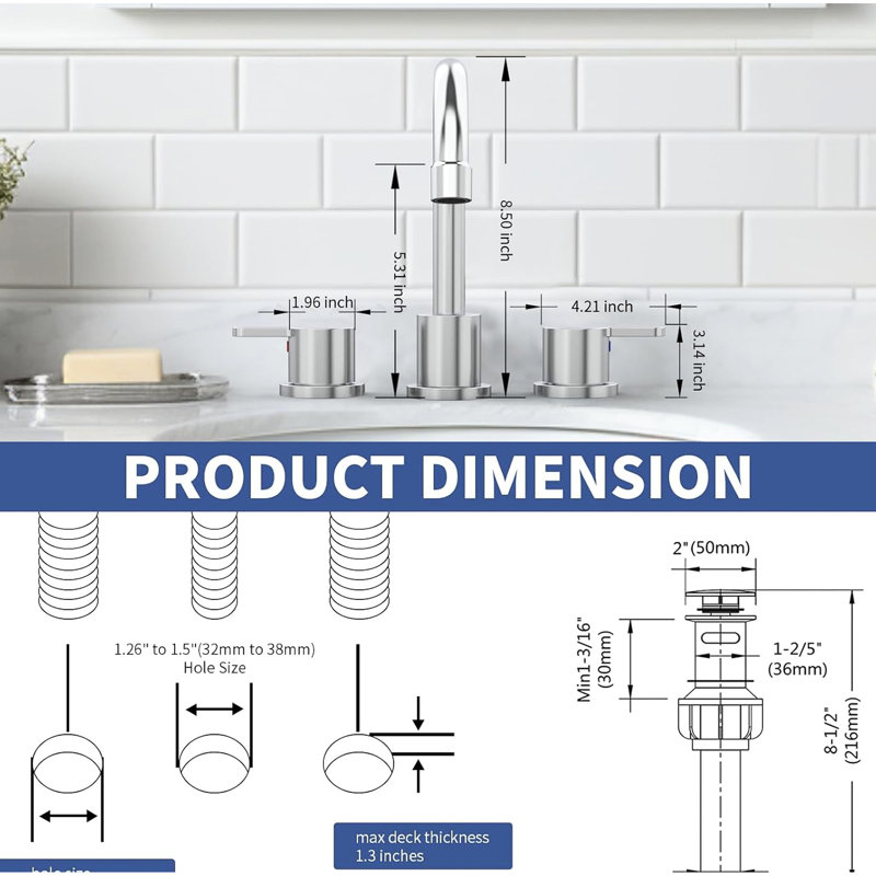3 Hole Lavatory Faucet With 2 Handles, 360 Degree Swivel, And Easy - To Clean Feature For Bathroom Laundry Room 8 Inch Handle Sink Pop Up Drain, Water Saving Rv