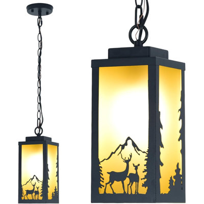 Luminaires suspendus d'extérieur pour porche, abat-jour ambre chaleureux Deer Design, chaîne réglable de 48 po, E26 imperméable 60 W, lumière de porche suspendue noir mat rustique, pour porte d'entrée, patio, balcon, 1 paquet