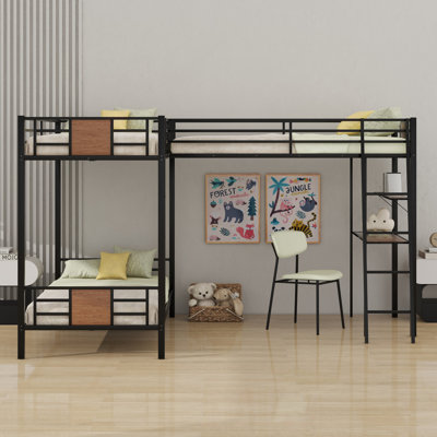Lit superposé en L avec lit mezzanine avec bureau et tablette