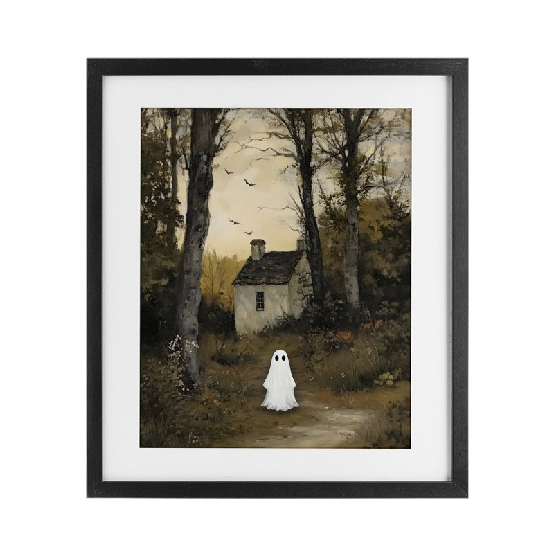 «Little Ghost in Cottage Forest», reproduction sous verre encadrée, design par Arlington Prints, Cadre noir minuit