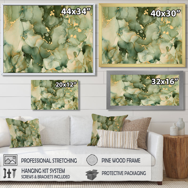" Green Luxury Abstract Fluid Art I " by Designart, Wrapped Canvas, 12" H x 20" W, No Frame