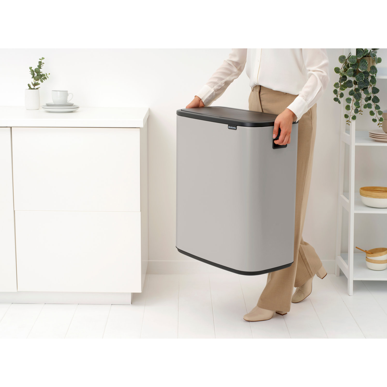 Brabantia Bo Touch Top Dual Compartment Recycling Trash Can, 2 x 8 Gallon (16 Gallon Capacity), Soft Gray