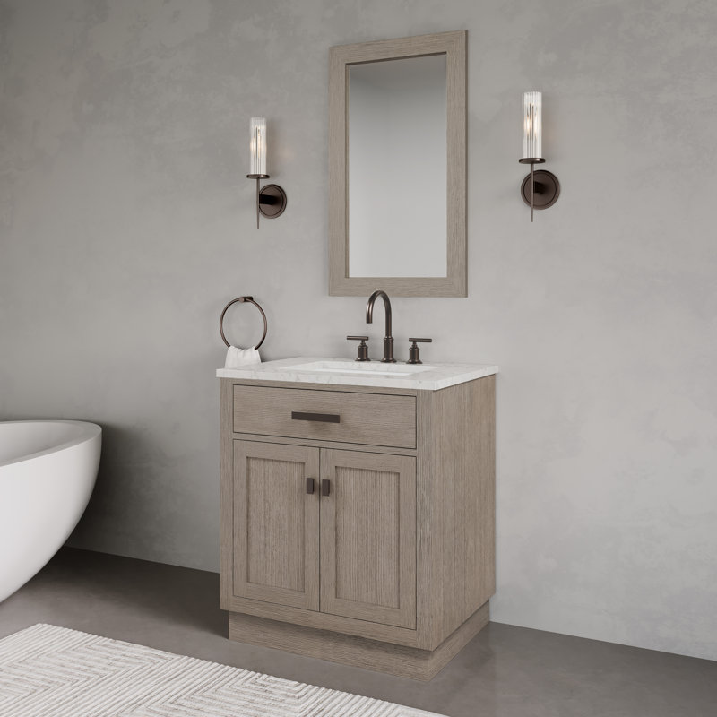 Chestnut 30" Carrara White Marble Countertop Bath Vanity with Faucet, Gray Oak, Faucet Included