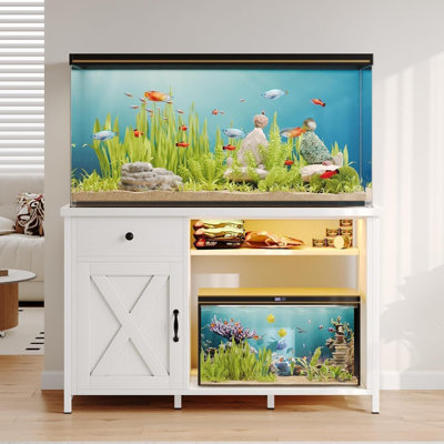 Helge 55 Gallon Fish Tank Stand with LED Light & Power Outlets, 55-75 Gallon Aquarium Stand with Drawer & Barn Door