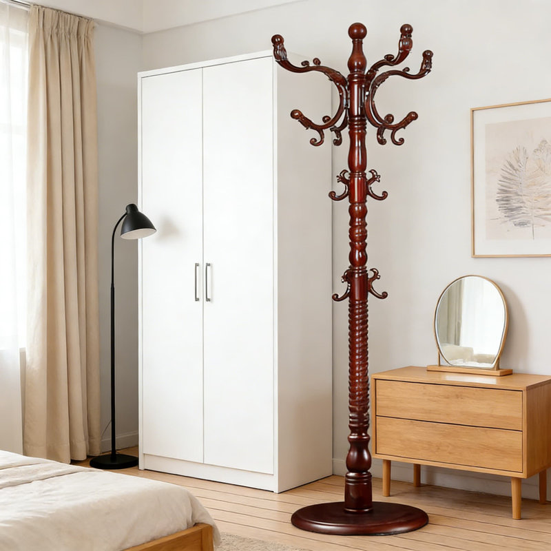 Free Standing Coat Rack With 14 Hooks, Adjustable Height Tree Stand For Entryway, Hallway, Bedroom Or Home Office, Solid Wood Construction With Stable Base