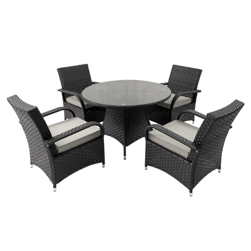 Baldwyn 4 - Person Patio Dining Set with Round Table , Cushions Included, Black