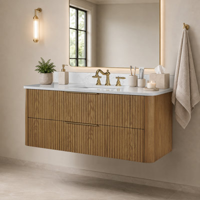 Meuble-lavabo flottant 48 po avec lavabo, meuble-lavabo mural cannelé, comptoir en faux marbre, tiroir à fermeture en douceur, entièrement assemblé, brun chêne clair