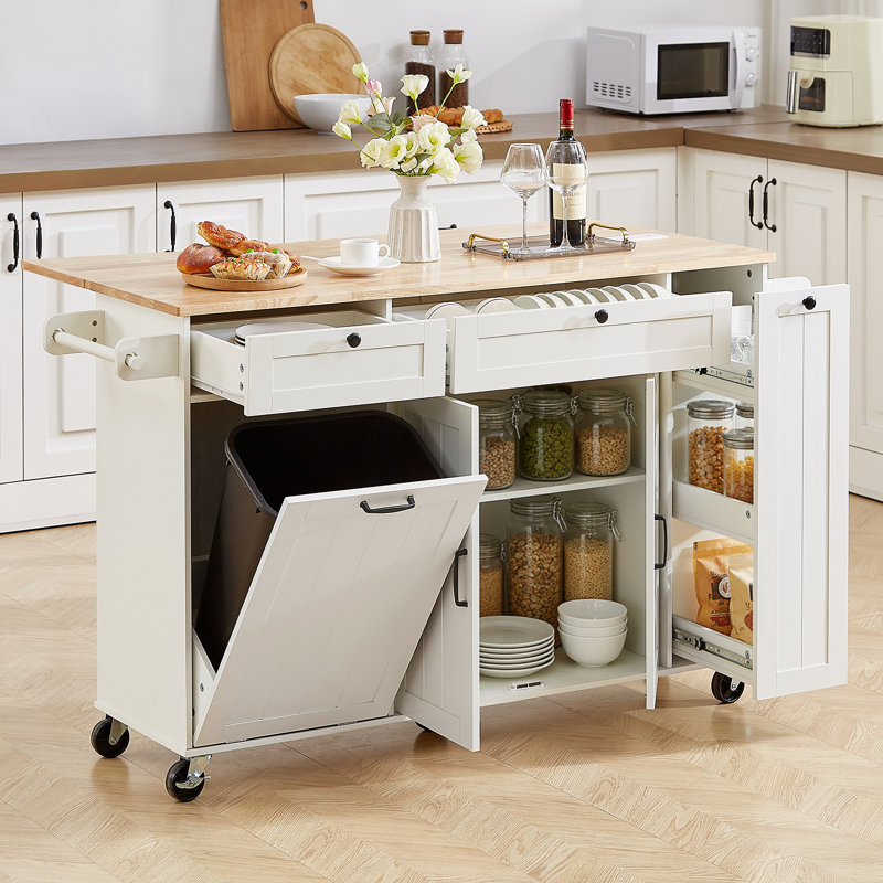 61.5" Rolling Kitchen Island With  Large Storage Cabinets And Trash Can Storage,2 Locking Wheels,Power Outlet For Kitchen, Dining Room