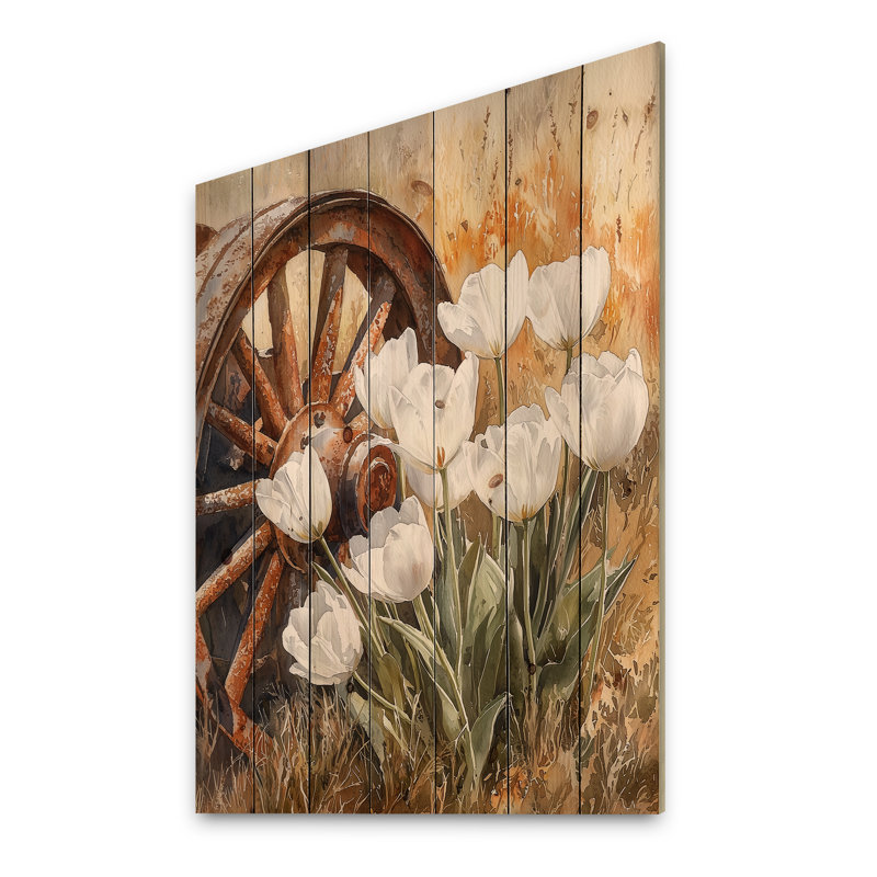 Tulipes par la roue du chariot II - décoration murale en bois de tulipes - sur bois de pin naturel