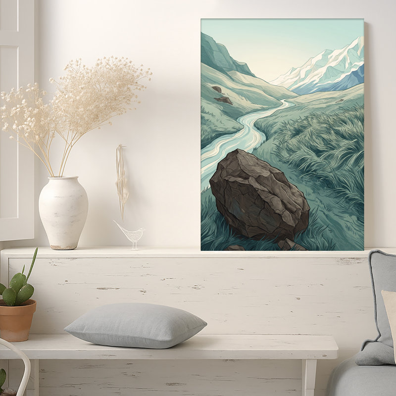 Grand rocher près d'une rivière sinueuse et de montagnes enneigées, art mural, H 18 po x l 12 po