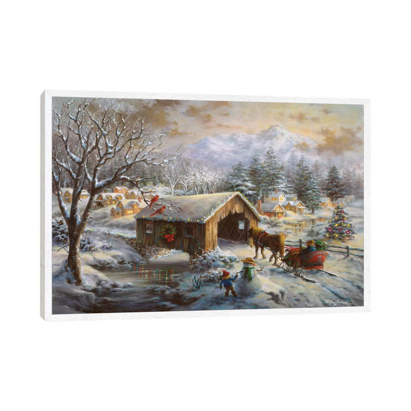 Covered Bridge by Nicky Boehme - Floater Frame Painting on Canvas, 66.04 cm H x 45.72 cm W, White