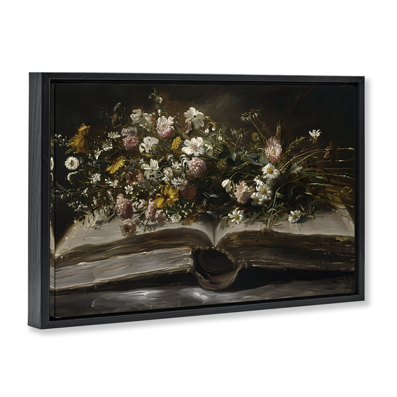 Cadre flottant antique à livre ouvert floral, design par Jacky Ngan, H 21 po x l 31 po, Cadre flottant noir de jais
