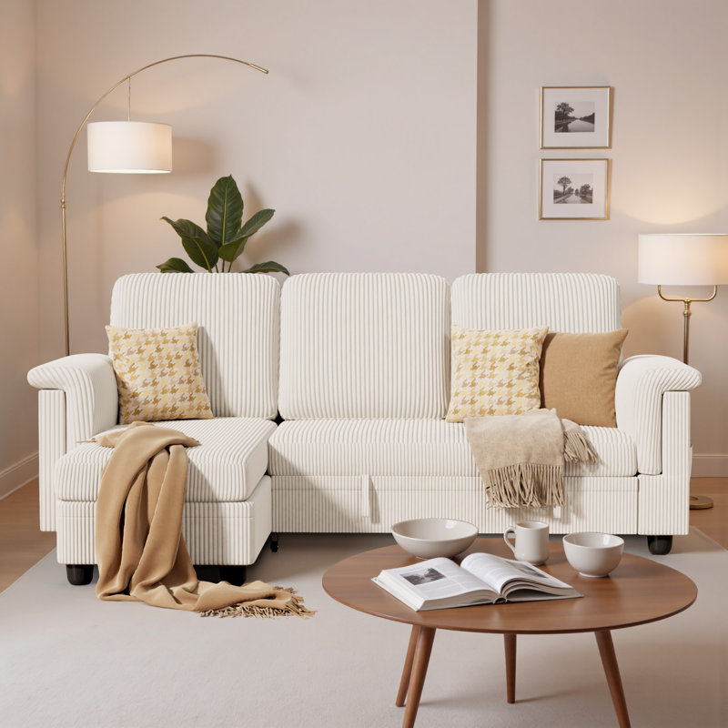 Corduroy Sectional Sleeper Sofa with Storage & Pull-Out Bed