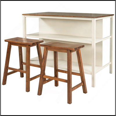 Solid Wood Rustic 3-Piece 45" Stationary Kitchen Island Set With 2 Seatings, Rubber Wood Butcher Block Dining Table Set Prep Table Set With 2 Open Shelves For Small Places,Walnut+Cream White