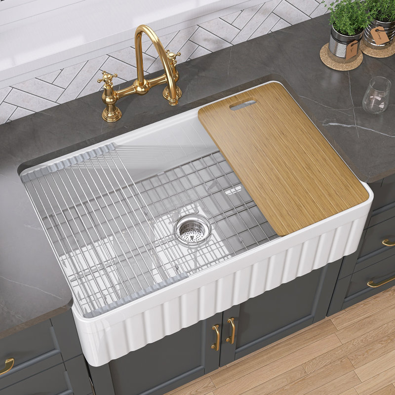 33" L X 20" W Single Basin Workstation Farmhouse Kitchen Sink With Sink Grid, Cutting Board & Dish-Drying Rack