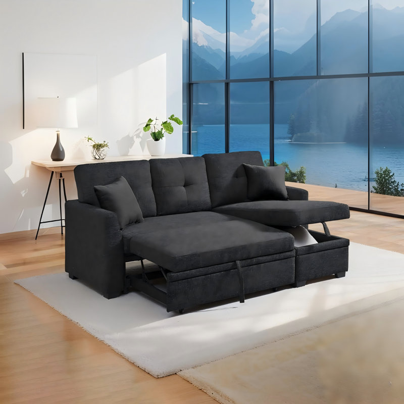 Modern Reversible Sleeper Sectional Sofa With Right Storage Chaise, 34" H x 76.5" W x 50" D, Black