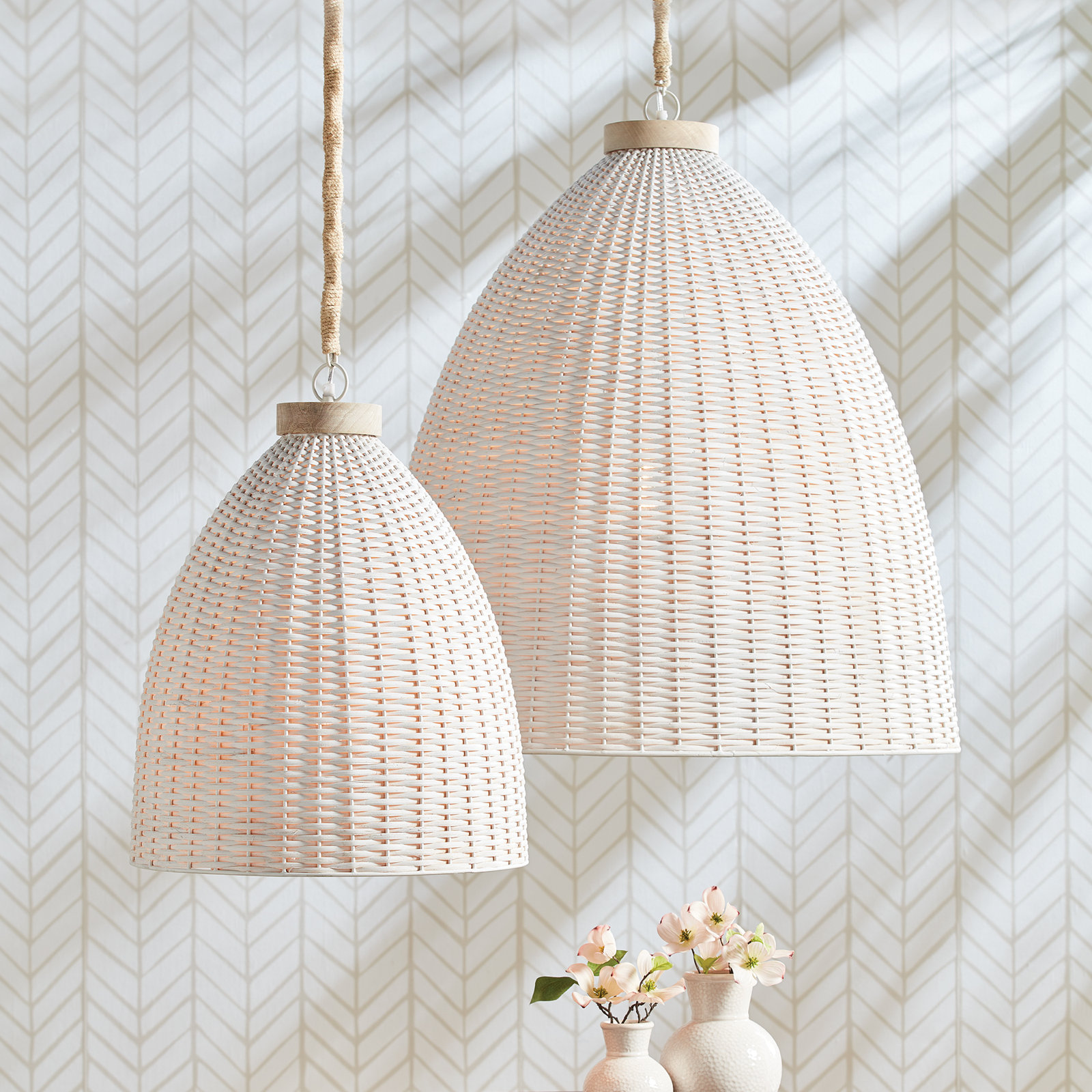 Olsen Single Light Rattan Dimmable Pendant, 92" H x 30" W  x 30" D, Whitewash
