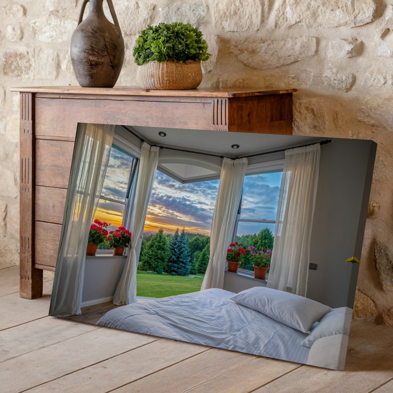 Toile une scène de chambre à coucher sereine avec de grandes fenêtres ouvertes encadrées par de doux rideaux blancs transparents révélant un art mural sur toile à couper le souffle