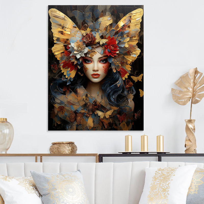 Portrait de femme glamour papillon doré, H 32 po x l 16 po x P 1 po
