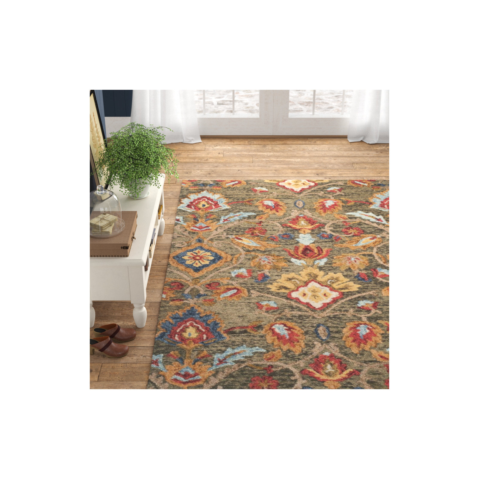Tansy Handmade Wool Green / Multi Rug, Rectangle 2' x 3'