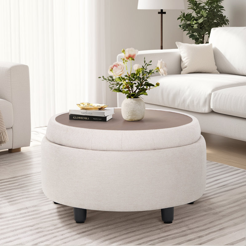 63.5Cm Tufted Round Cube with Storage Ottoman, Beige