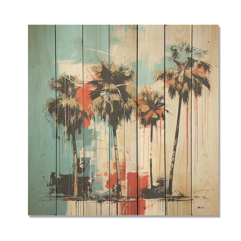 Blue And Black Florida Palm Tree Harmony - Florida On Wood Print, 15" H x 15" W