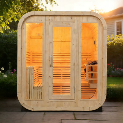 Sansheng® 6 Person White Pine Outdoor Square Sauna With Large Glass Doors(78.7''d*78.7''w*82.6''h)
