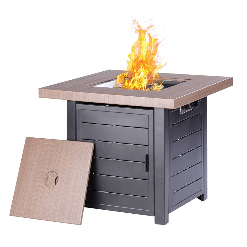 Lyailya 24.8" H x 28" W Iron Propane Outdoor Fire Pit Table with Lid, Gray/Light Brown